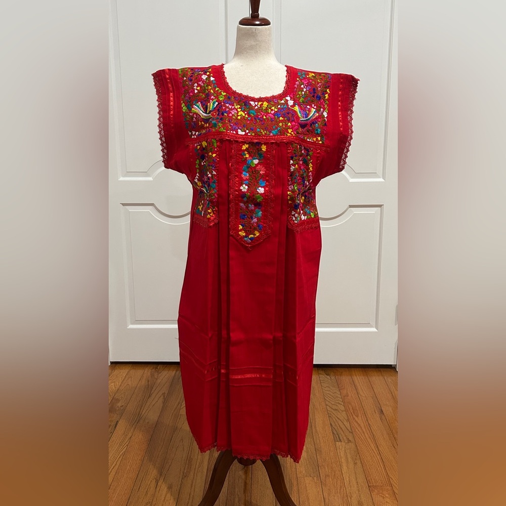 Mexican Red dress, Oaxaca dress, hand embroidery dress.